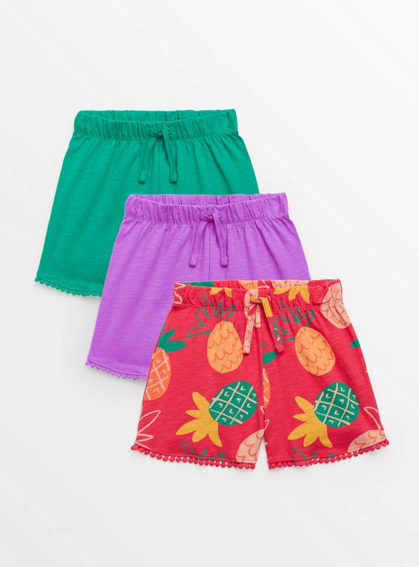 Pineapple Print, Green & Purple Frill Shorts 3 Pack  1-2 years